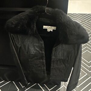 Zara Black Leather Jacket with Fur Collar